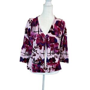 Cardigan Pink Purple Floral Single Button V-Neck Liz Claiborne Sweater